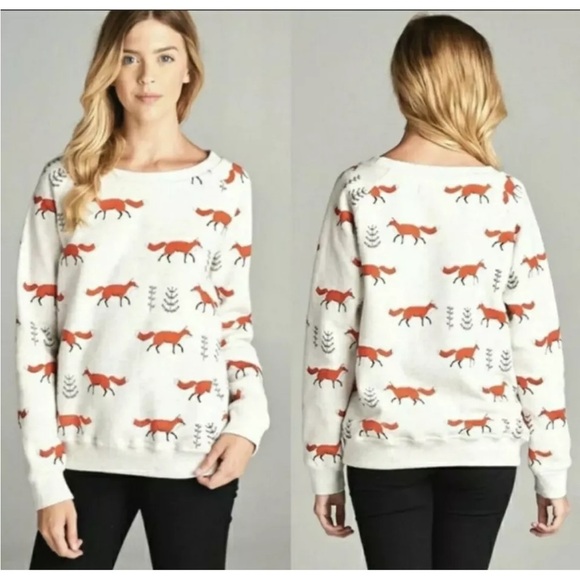 LA SOUL Orange Fox in Forest Motif Sweatshirt Womens Sz Small EUC - Picture 1 of 5